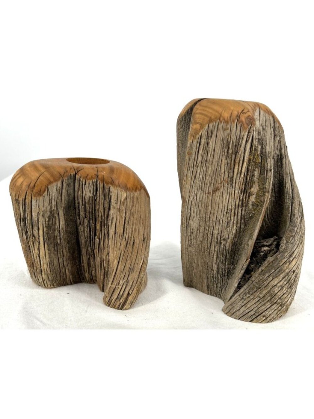 Rustic Hand Crafted Real Wood Tea Light Candle Holder Natural Set 2 Tallest 8"